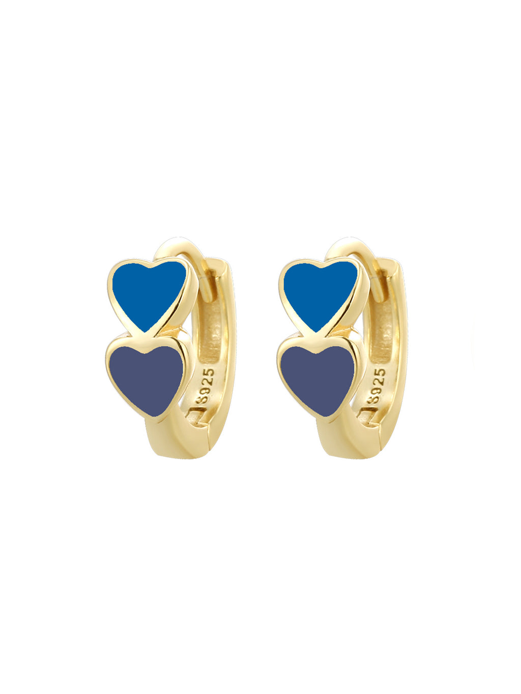 Gold Plated 925 Sterling Silver Colorful Double Heart Hoop Earrings — blue and navy hearts