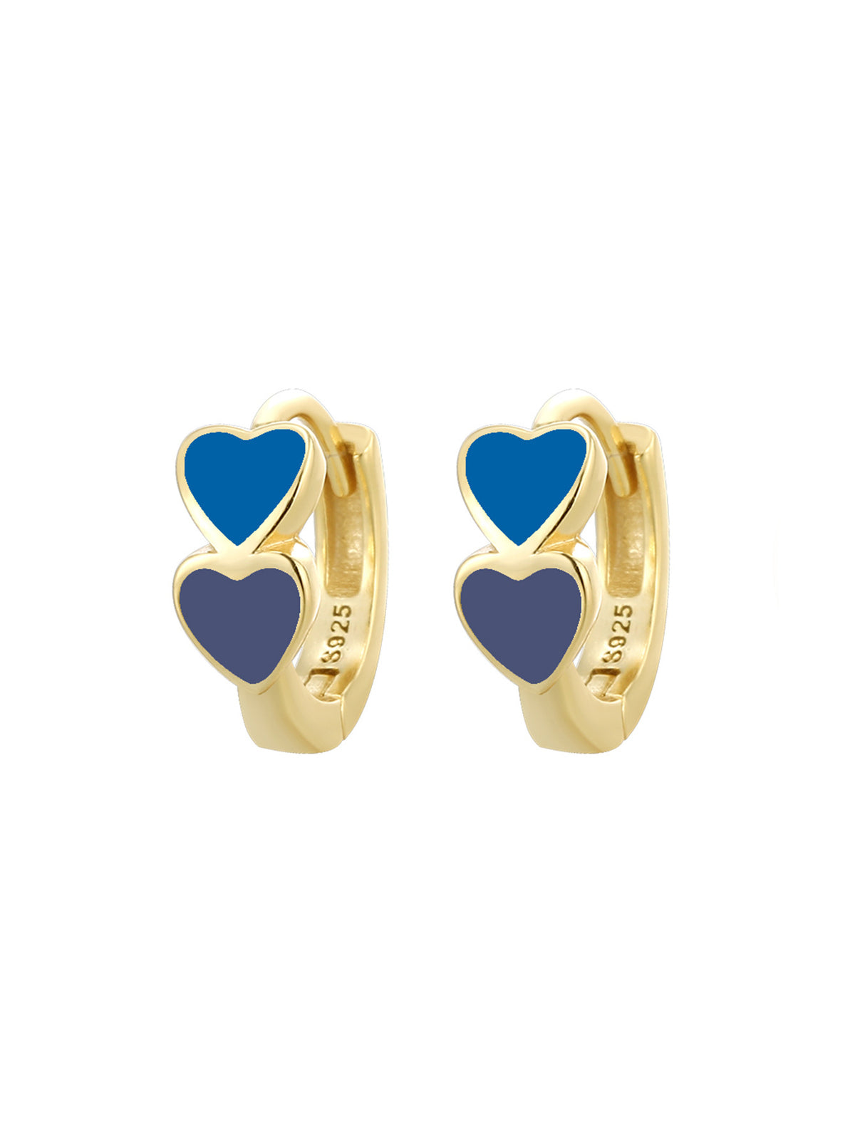 Gold Plated 925 Sterling Silver Colorful Double Heart Hoop Earrings — blue and navy hearts