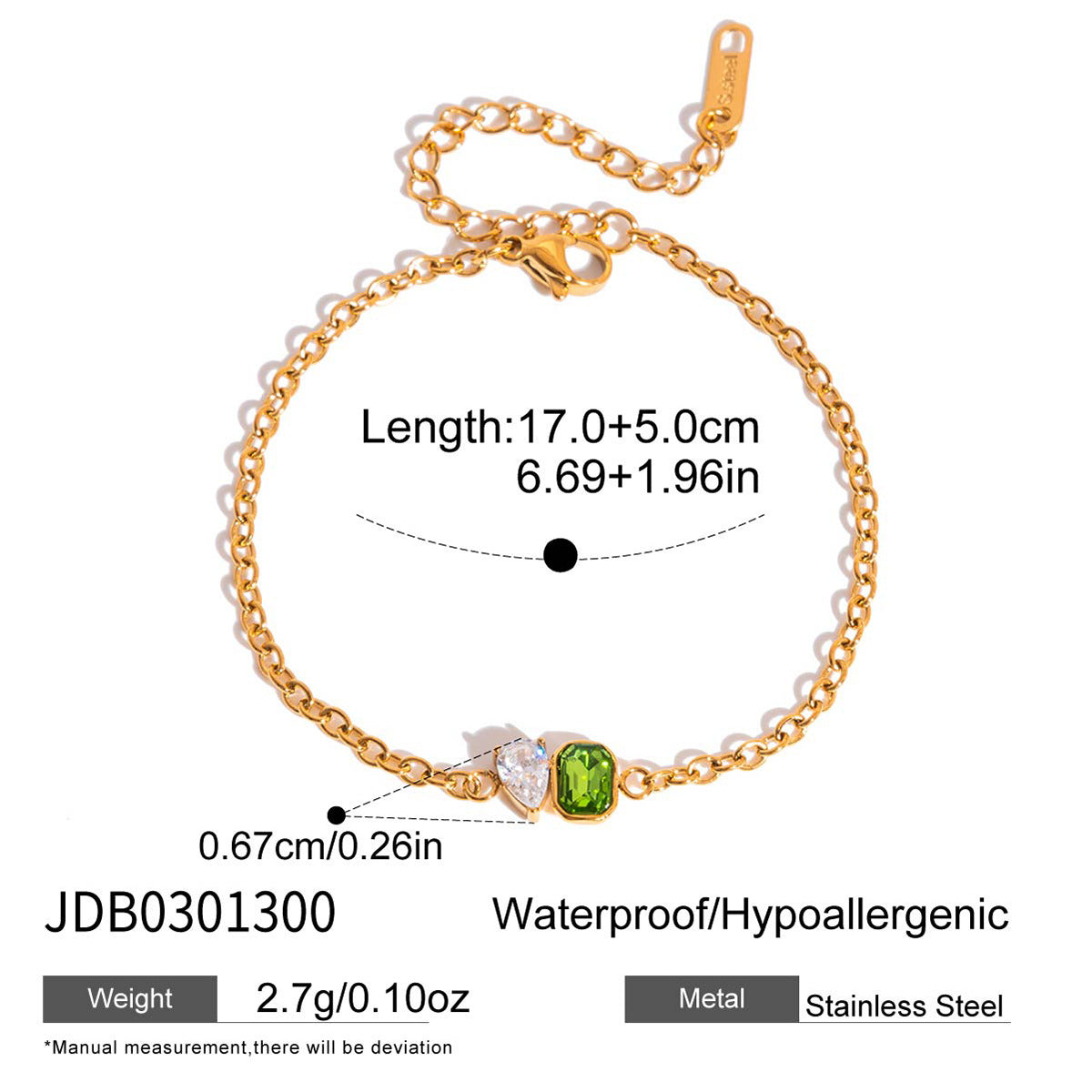 Rectangular green centerpiece bracelet dimensions