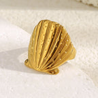 Gold Plated 316L Stainless Steel Textured Shell Ring — ridged shell face close-up