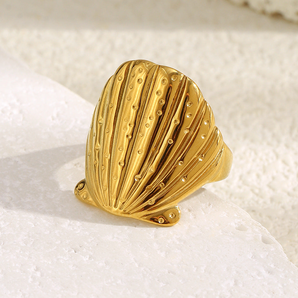 Gold Plated 316L Stainless Steel Textured Shell Ring — ridged shell face close-up