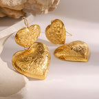 Gold-Tone Embossed Double Heart Stainless Steel Drop Earrings styled product view