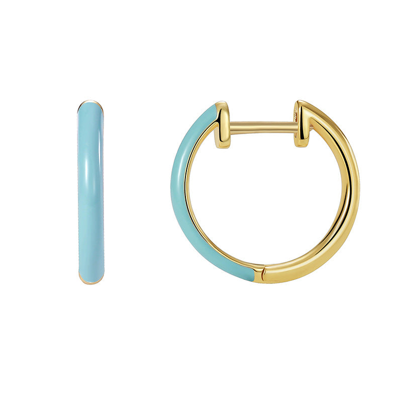 front and side views of gold plated half-blue hoop earrings