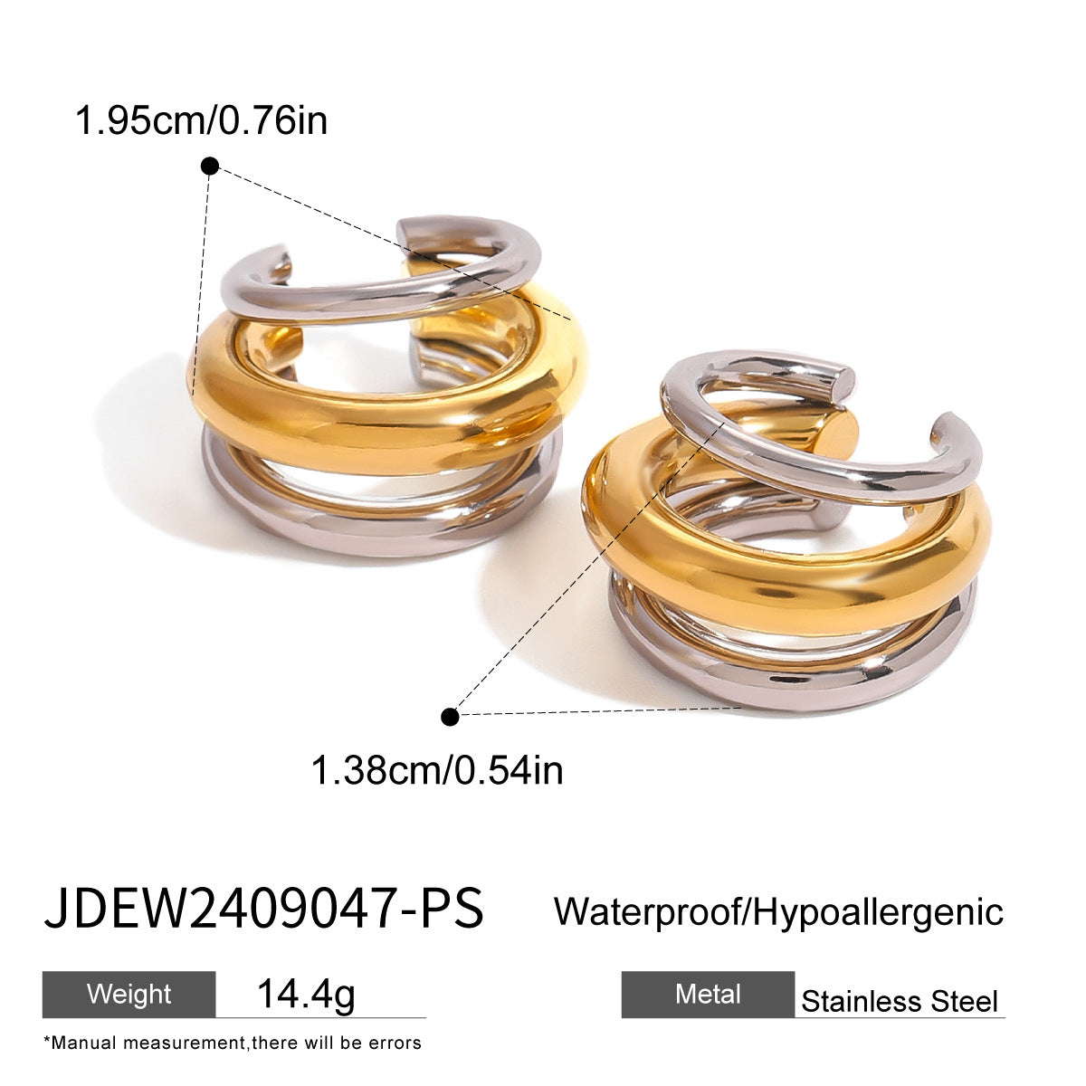 Two-Tone Sculptural Stainless Steel Clip-On Earrings size and proportion reference