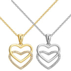 front view of gold and silver double heart clear stone necklaces