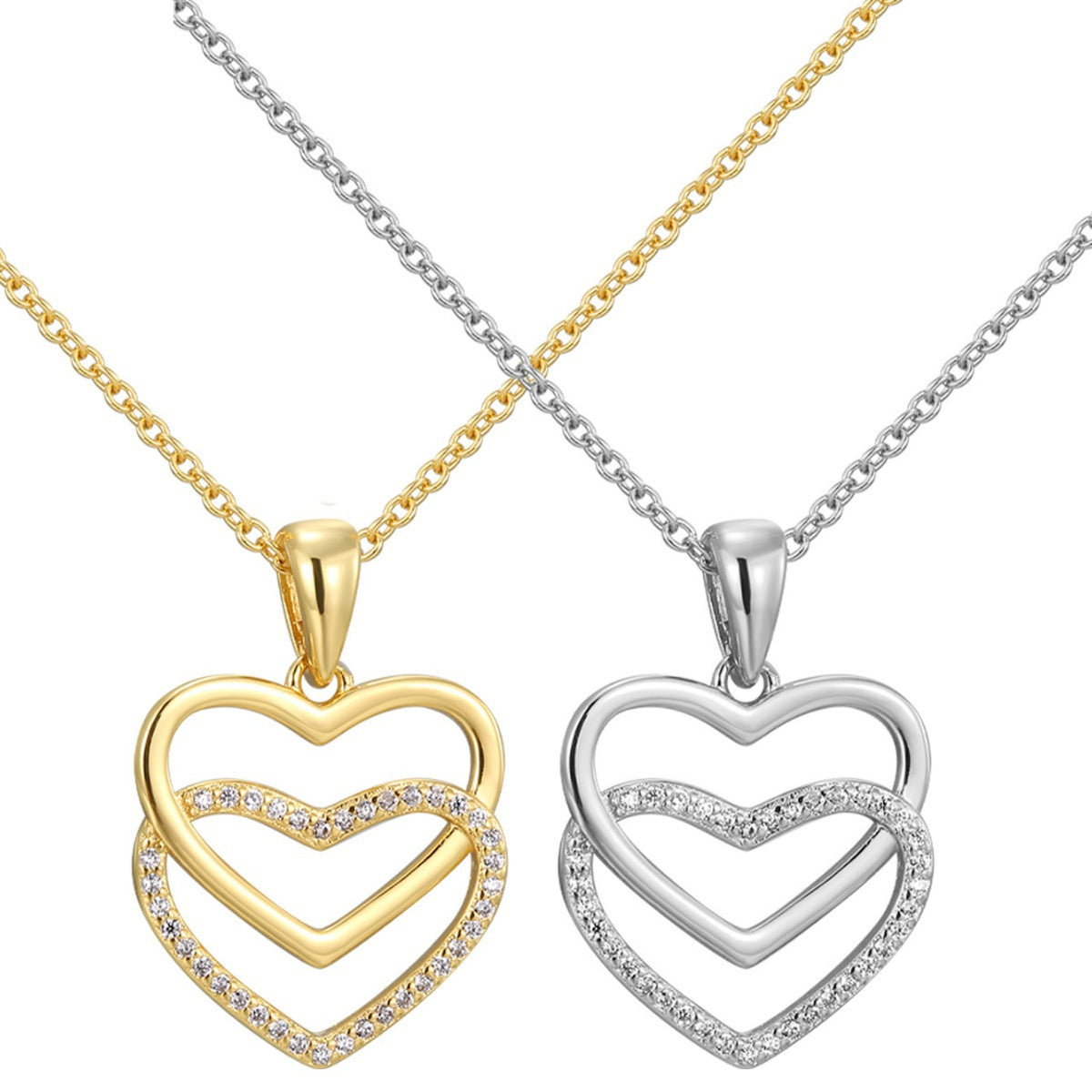front view of gold and silver double heart clear stone necklaces