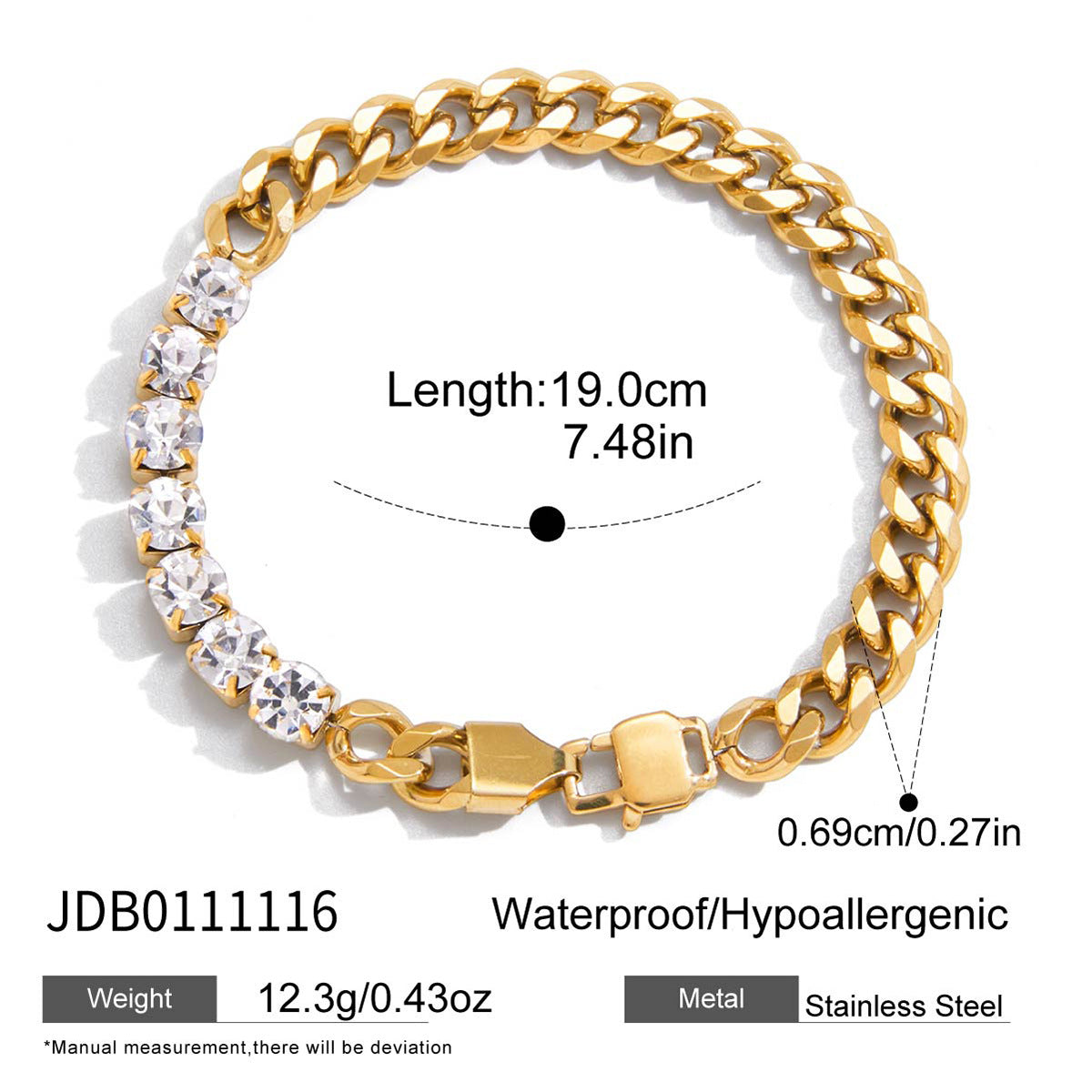 Half-stone half-curb chain bracelet with clasp