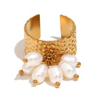isolated hammered stainless steel cuff ring with pearl cluster