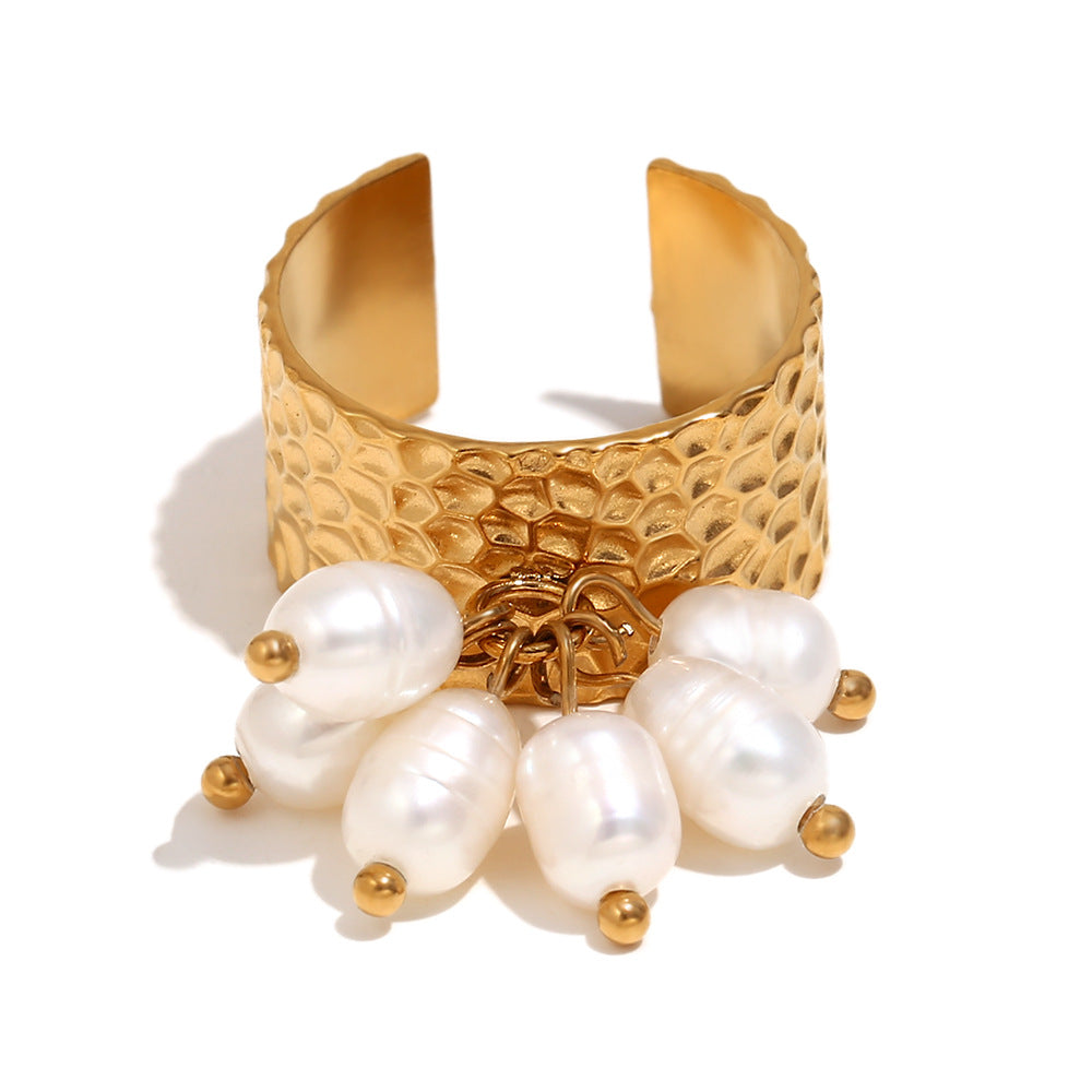isolated hammered stainless steel cuff ring with pearl cluster