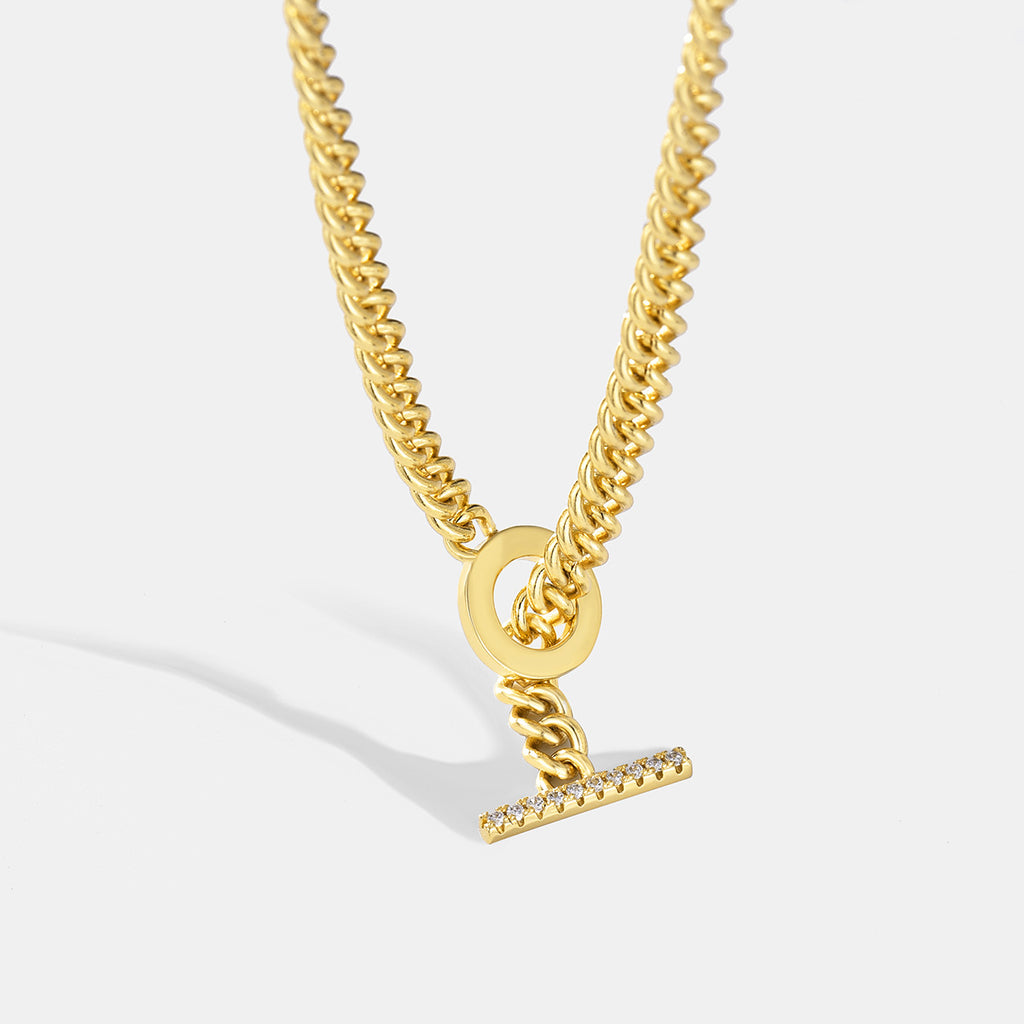 gold plated Cuban chain toggle necklace with a clear-stone T-bar