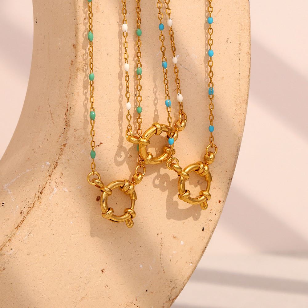 Gold Plated Stainless Steel Multicolor Bead Circle Pendant Necklace — green bead option worn view