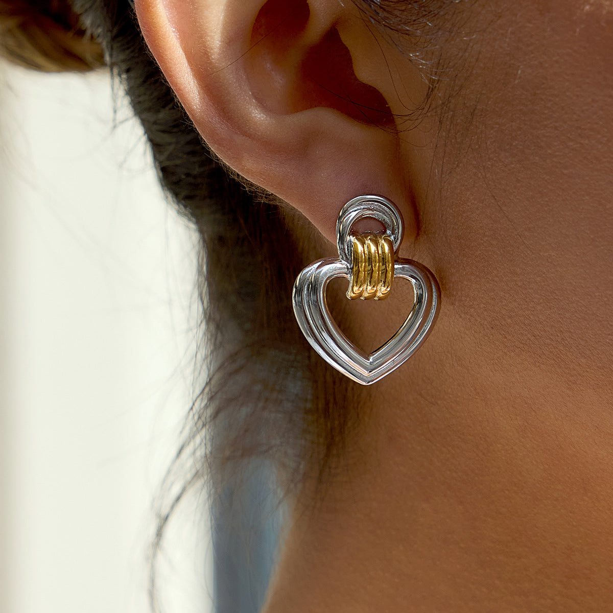 Two-Tone Open Heart Stainless Steel Drop Earrings — gold and silver open-heart options