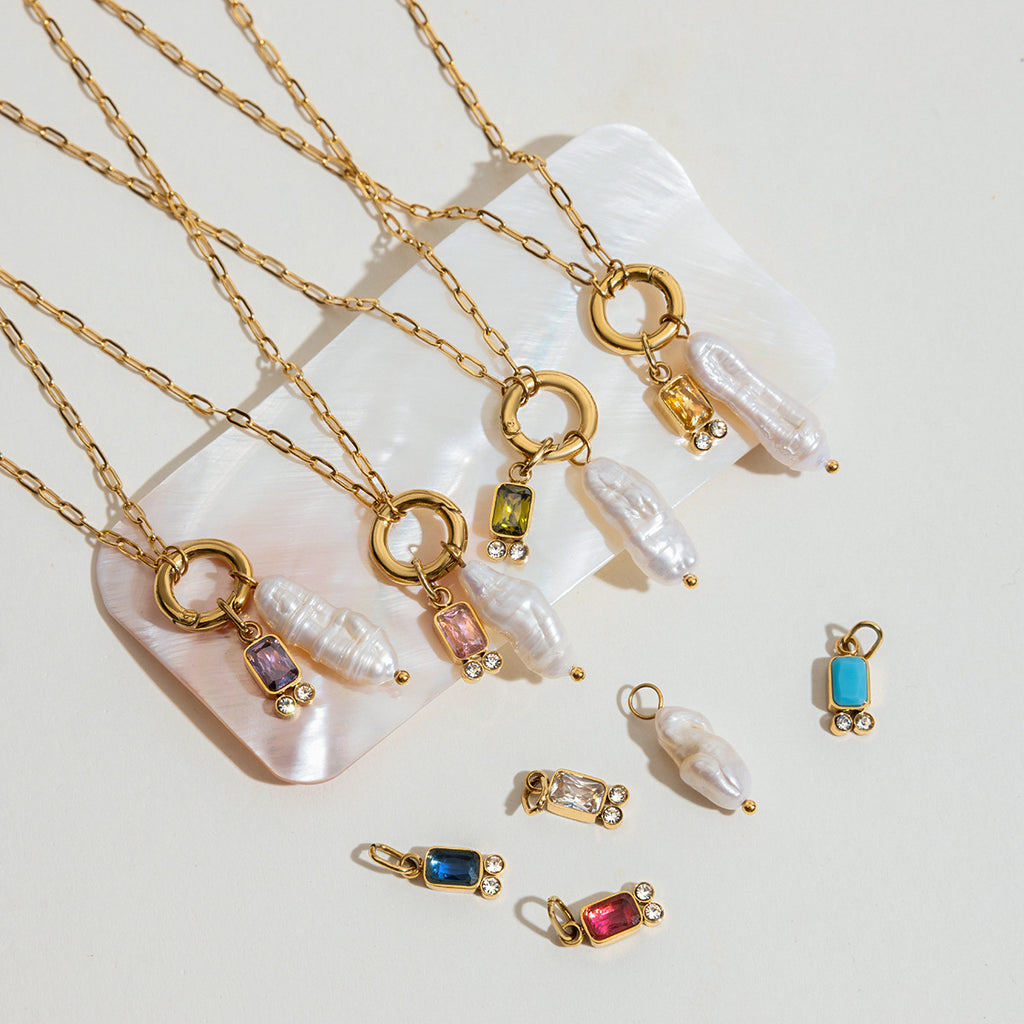 Pearl drop necklaces with interchangeable colored accents