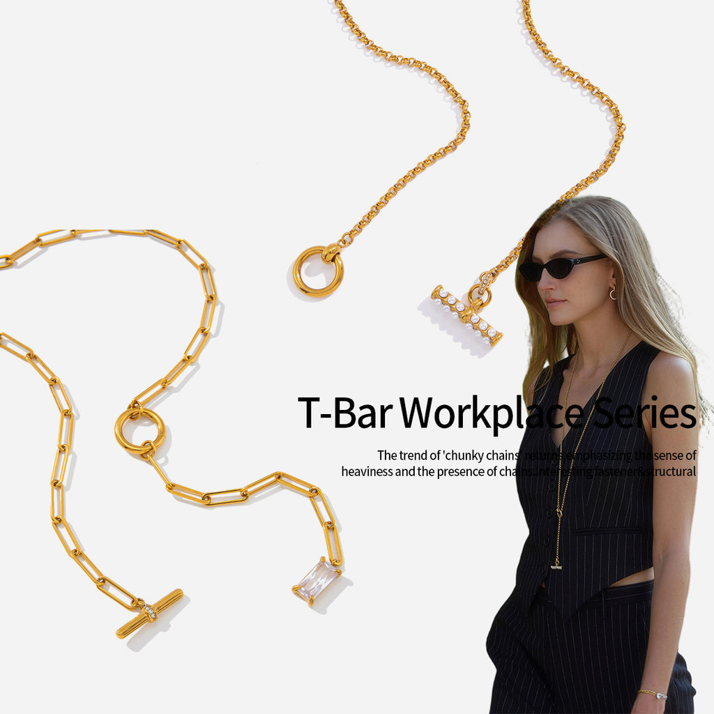 T-bar lariat necklace designs in a styled overview