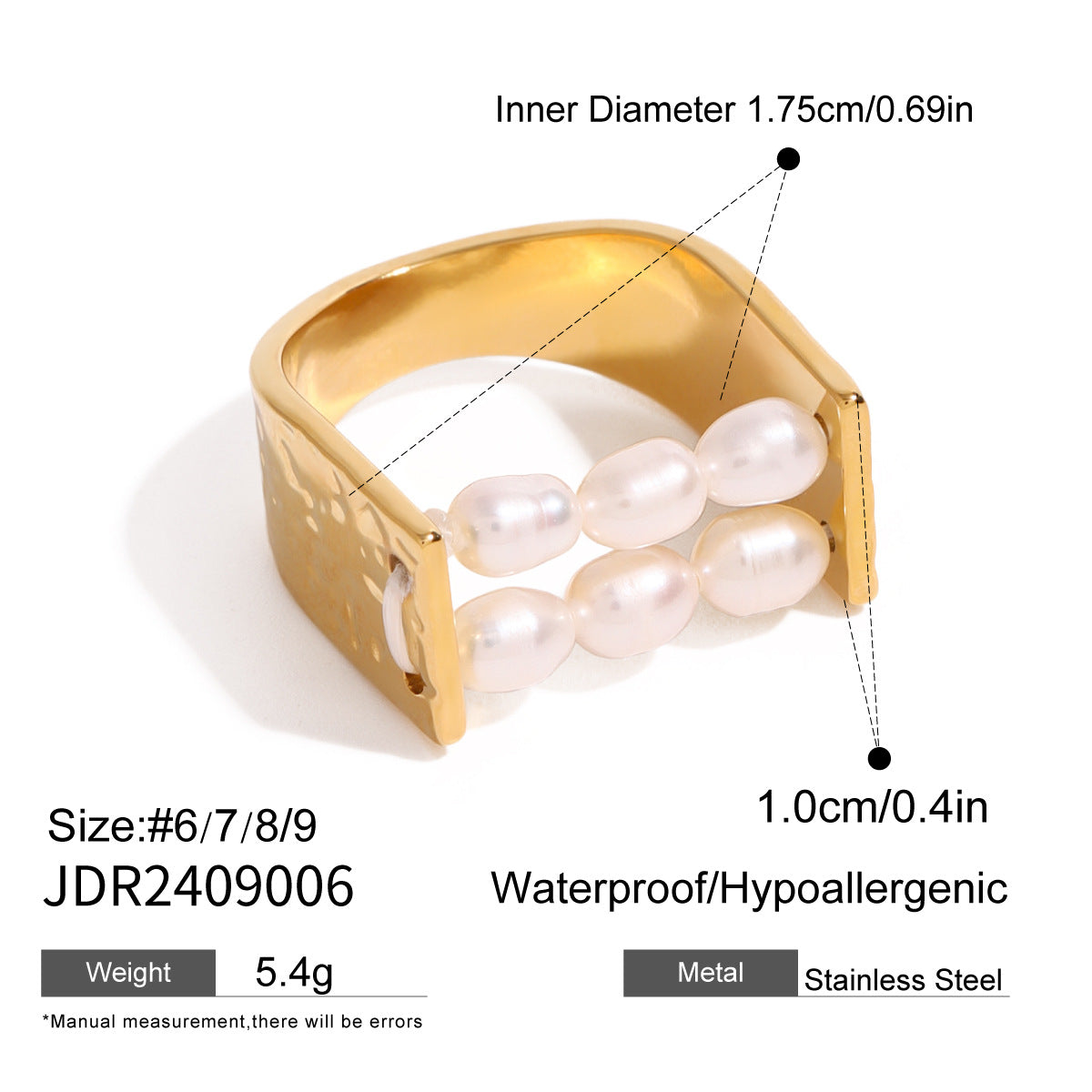 Wide double-row freshwater pearl ring dimensions