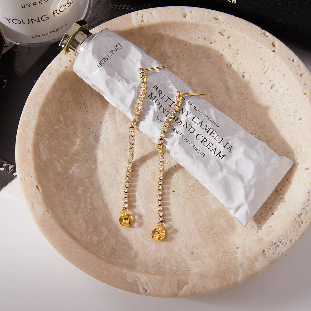 Gold-Tone Clear Accent Chain Tassel Stainless Steel Drop Earrings close-up product view