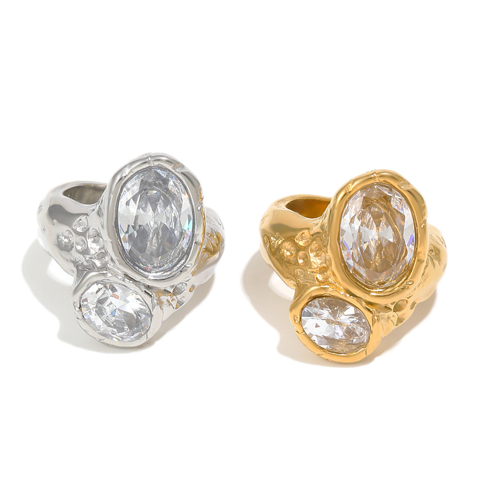 front view of silver and gold double stone stainless steel rings