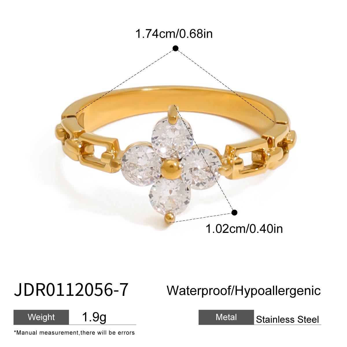 Four-petal clear stone ring dimensions