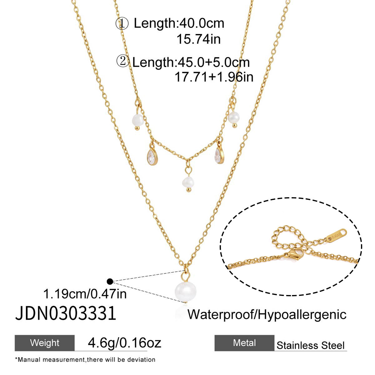 Pearl-look and clear drop layered necklace clasp and measurements