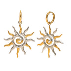 two-tone sunburst drop earrings shown from front and side on white