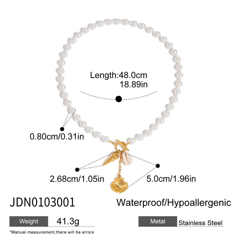 Shell charm necklace with bead and chain length measurements