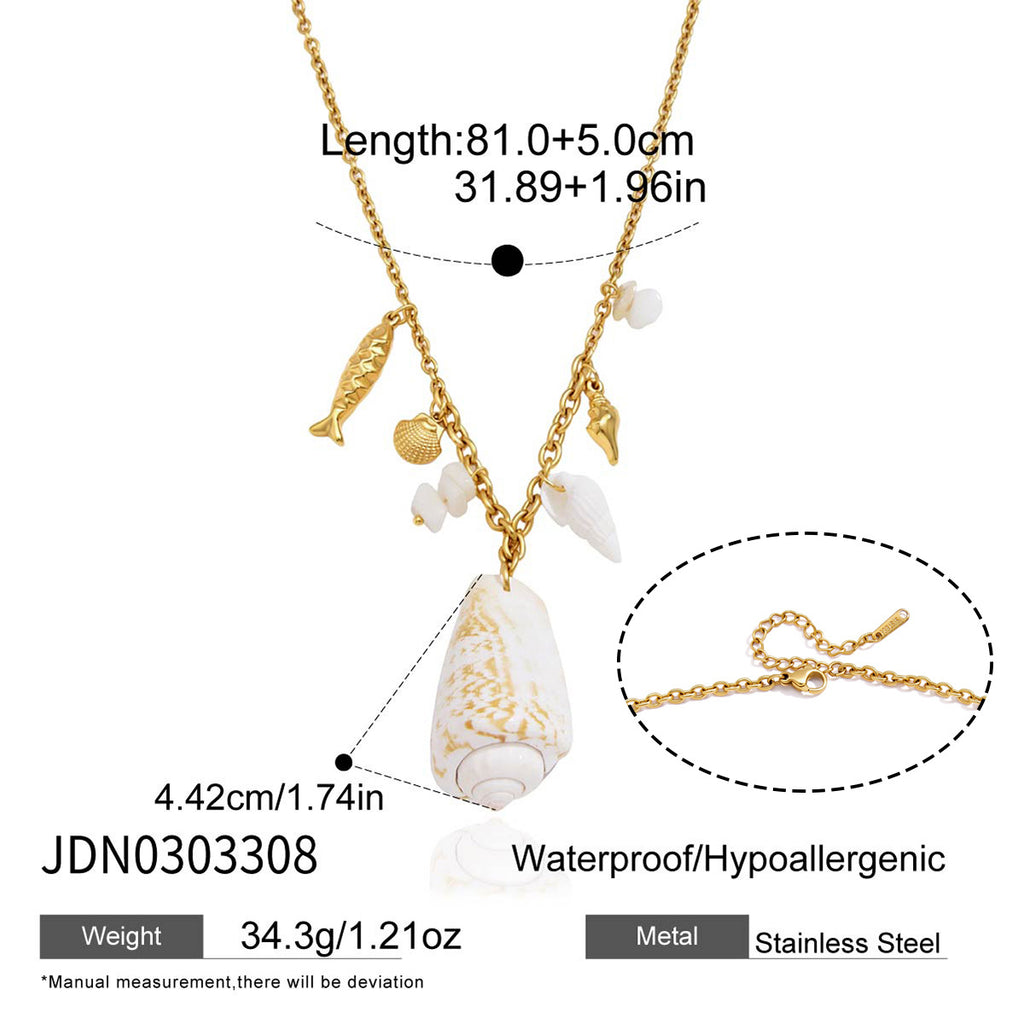 Long shell pendant necklace with fish charms and length diagram