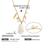 Long shell pendant necklace with fish charms and length diagram