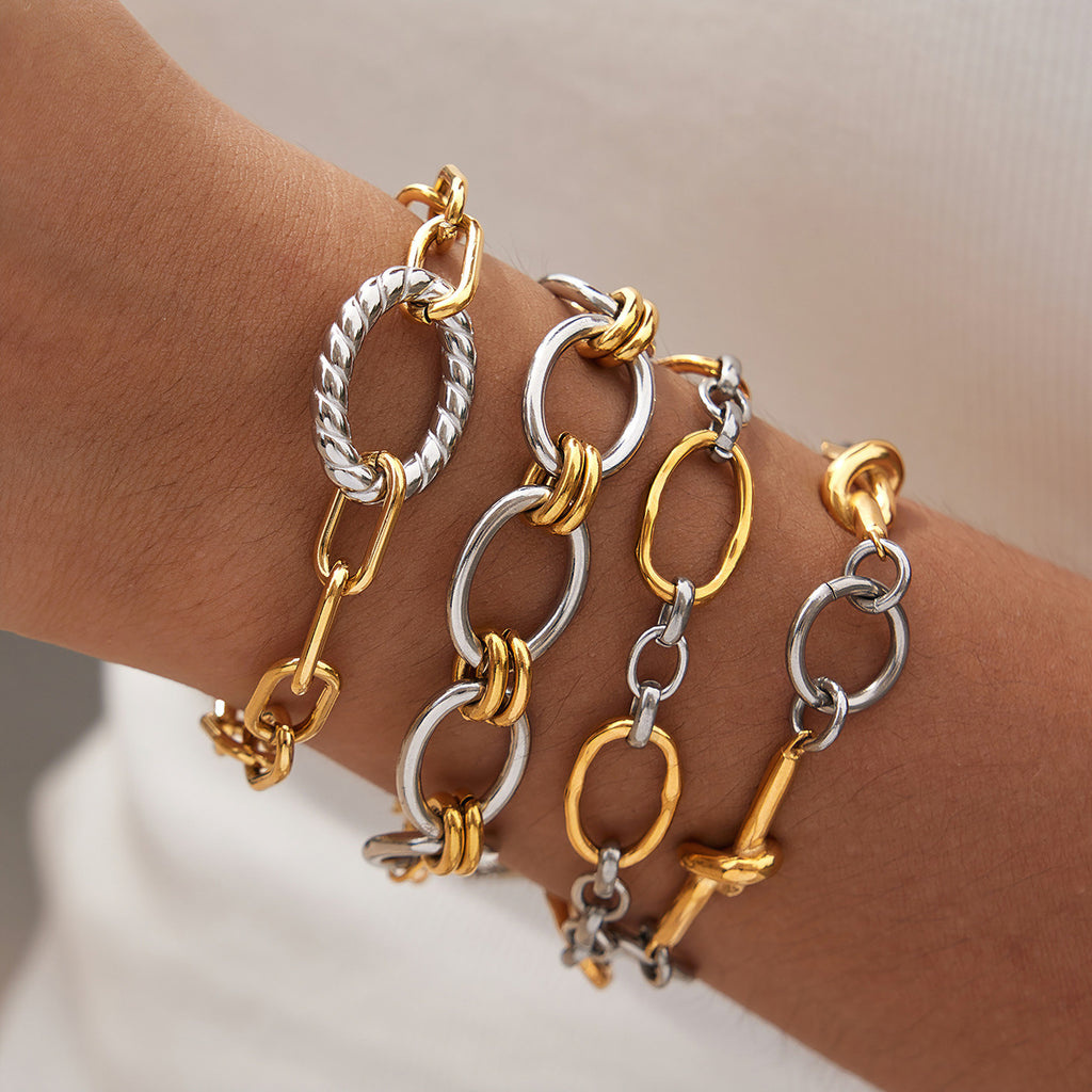 Close-up of mixed-tone bracelet links on the wrist