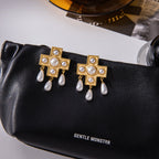 Gold-Tone Pearl-Look Cross Stainless Steel Drop Earrings close-up product view