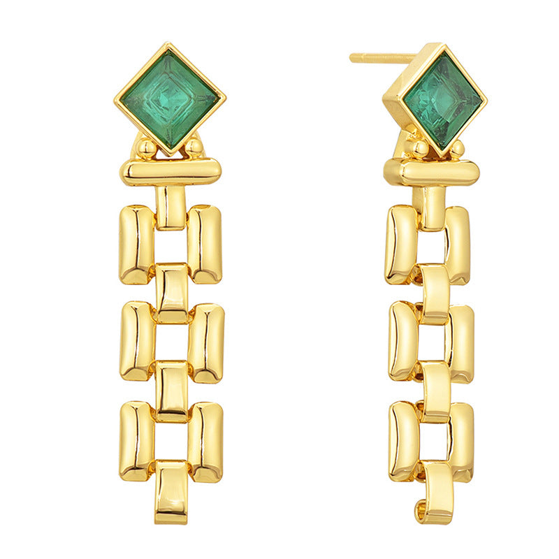 front and side details of gold plated green zirconia drop earrings