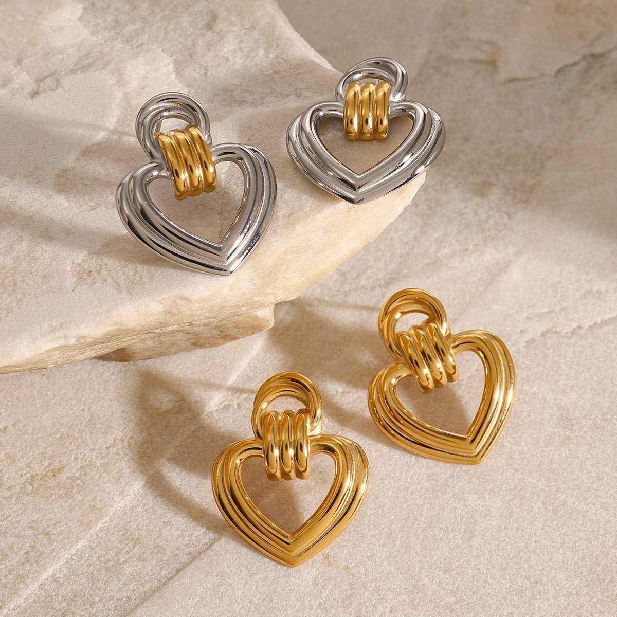 Mixed-Finish Open Heart Stainless Steel Drop Earrings — wholesale view 2