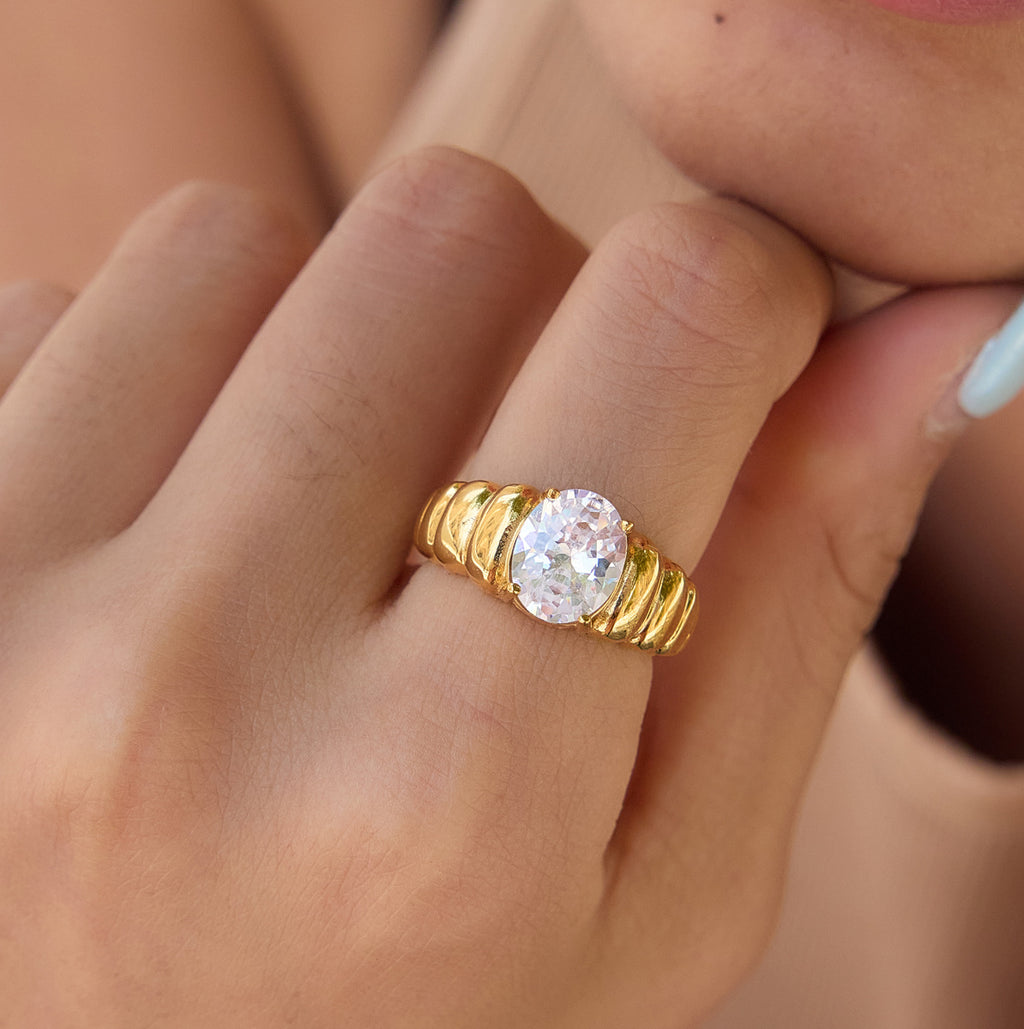 Ribbed band solitaire ring shown on finger