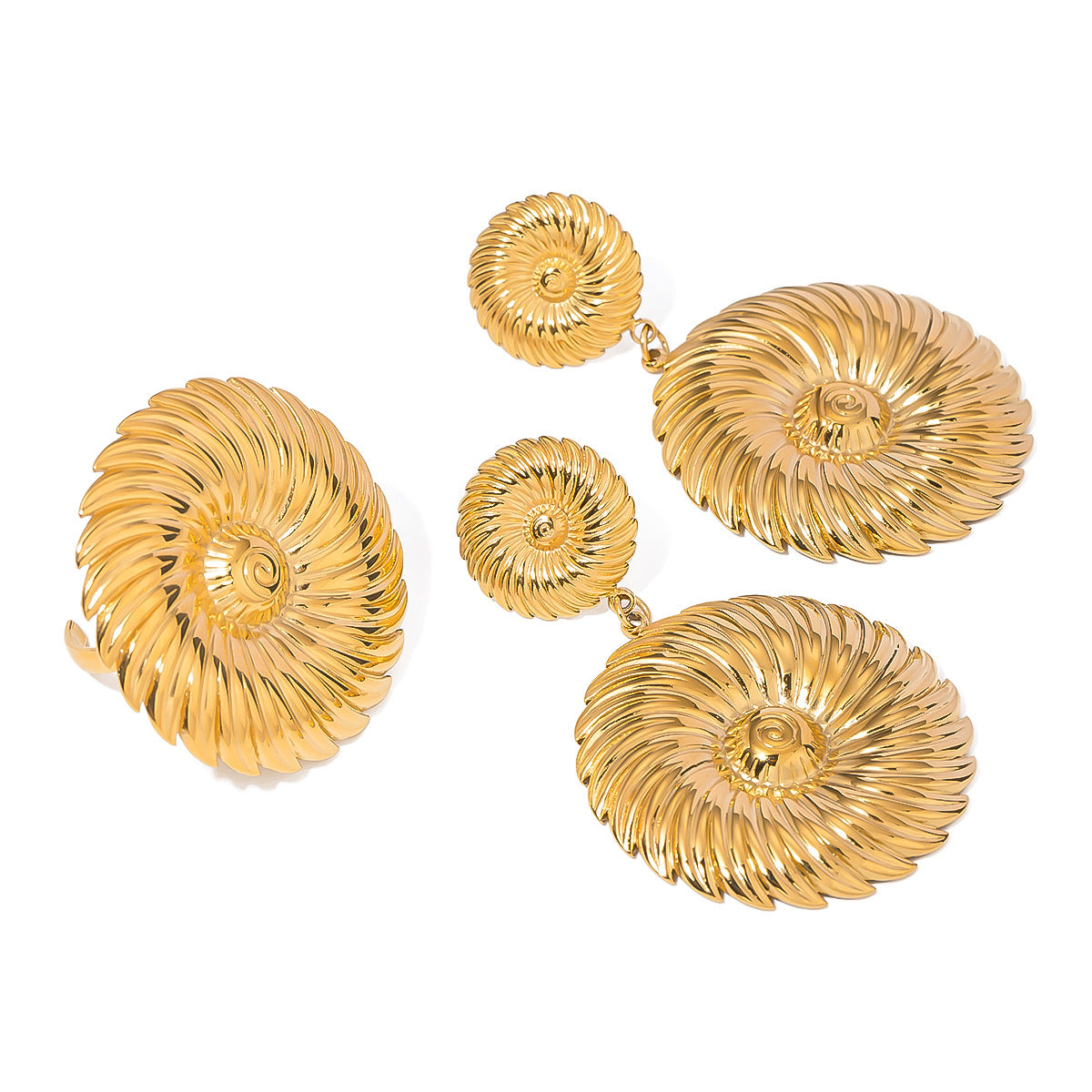 Stainless steel spiral earrings shown beside a separate spiral ring