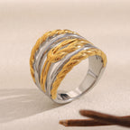 front angle of gold plated and silver-finish layered rope ring