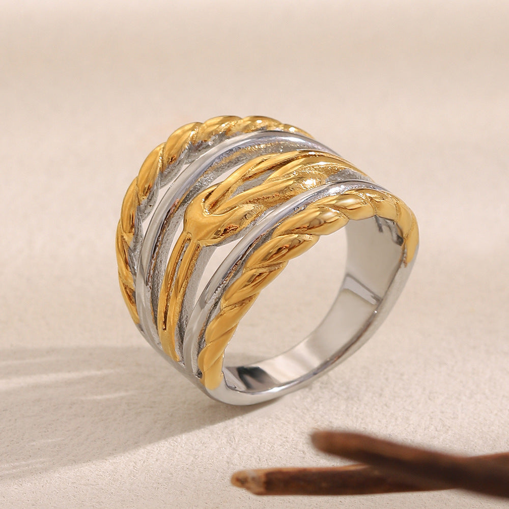 front angle of gold plated and silver-finish layered rope ring