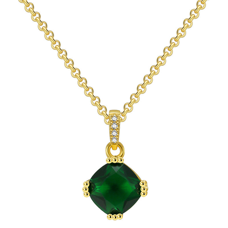 front view of gold plated green cushion stone necklace