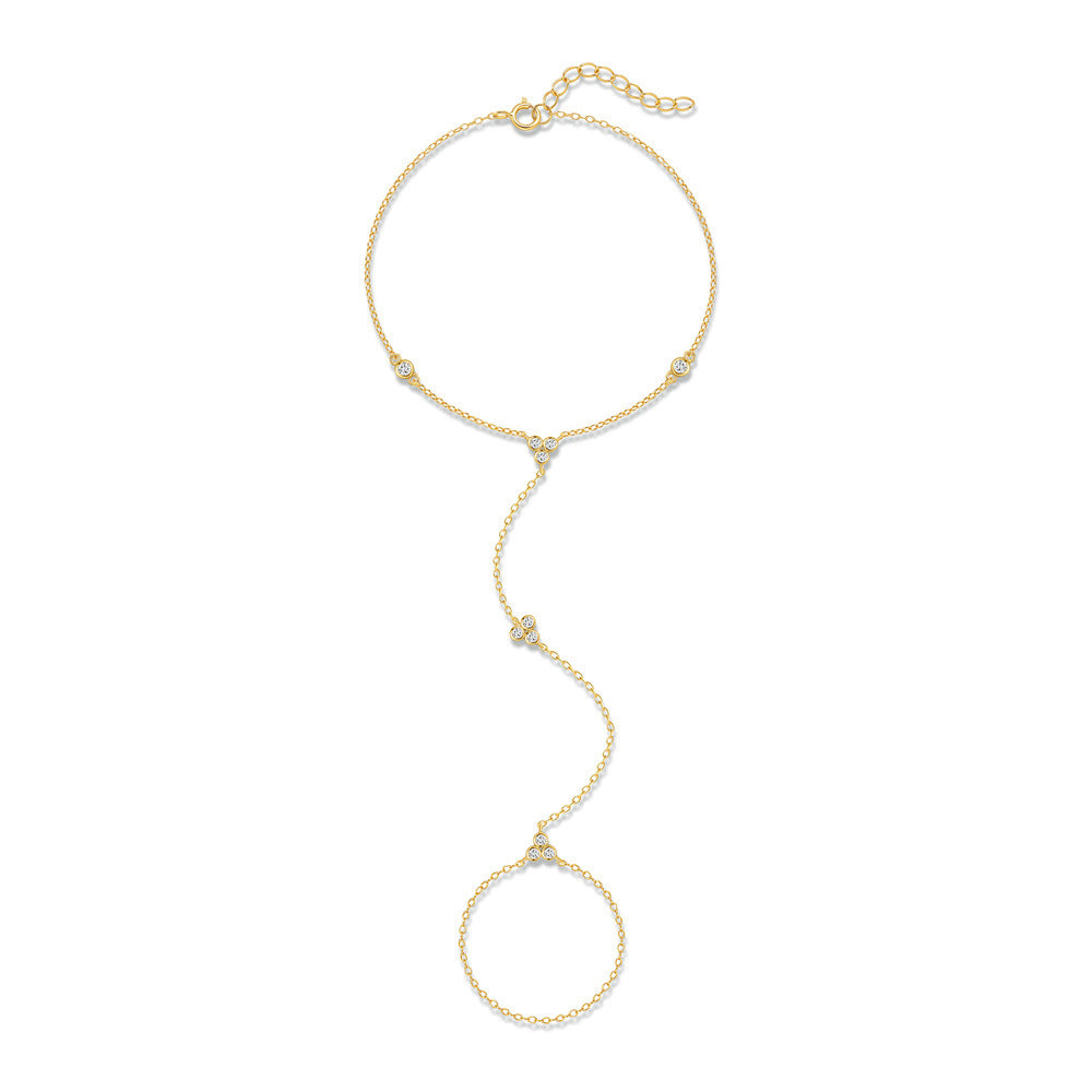 gold plated 925 sterling silver hand chain with three spaced zirconia accents