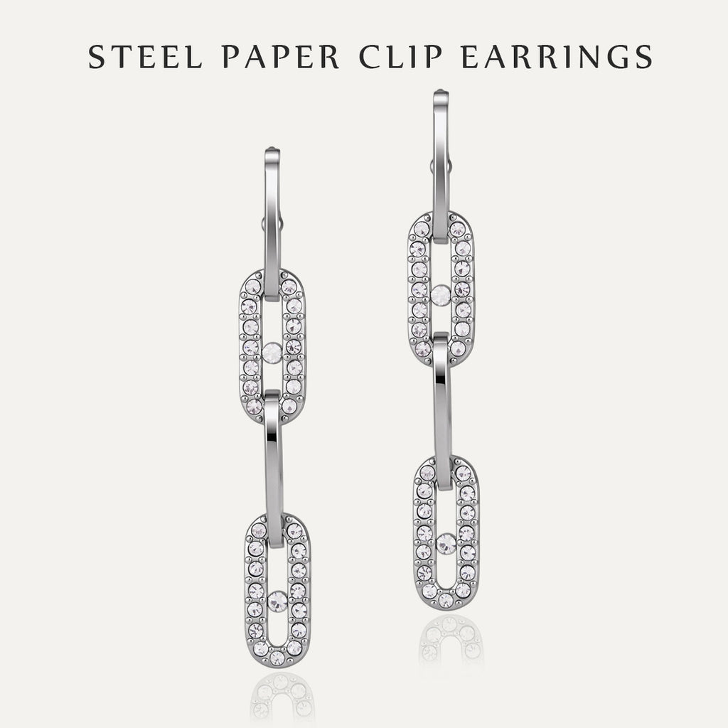 Silver tone rhinestone paperclip link drop earrings
