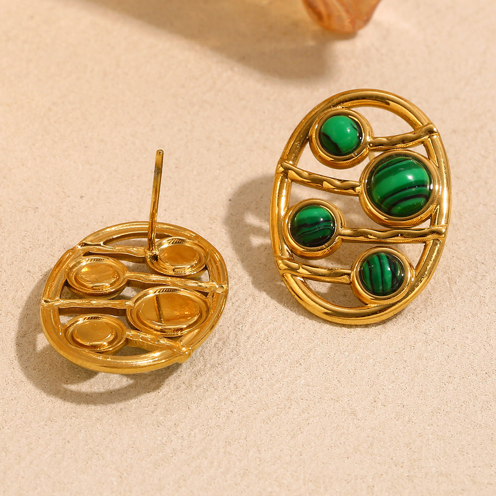 front and back views of gold plated lattice malachite stud earrings