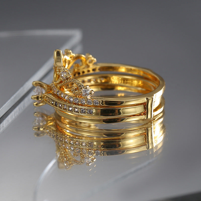 side view of the clear stone crown motif and connected multi-row band