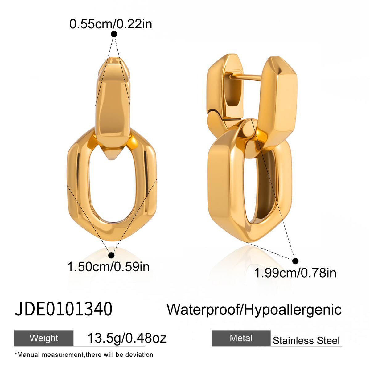 Gold tone geometric link earring dimensions