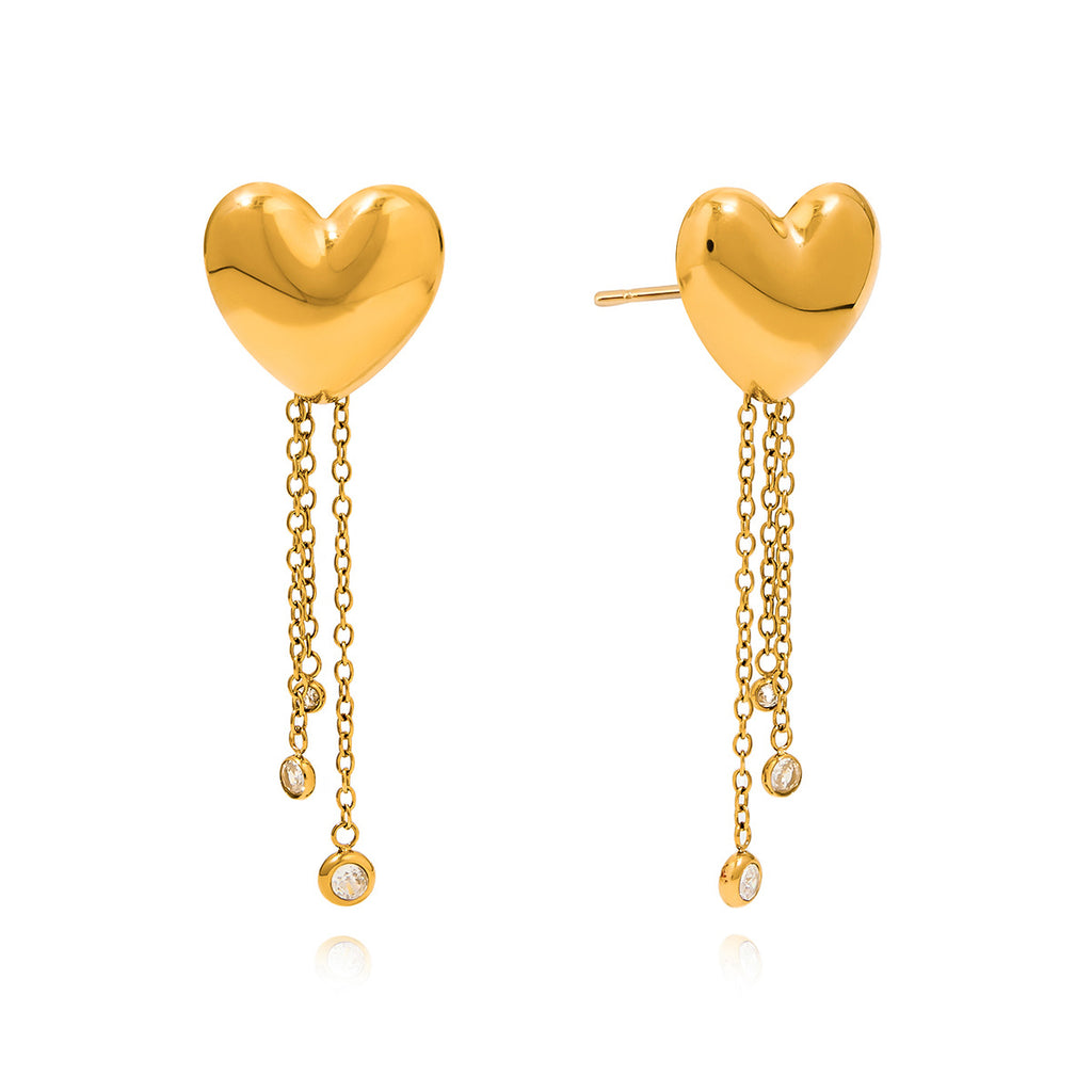 isolated stainless steel heart earrings with clear stone chain accents