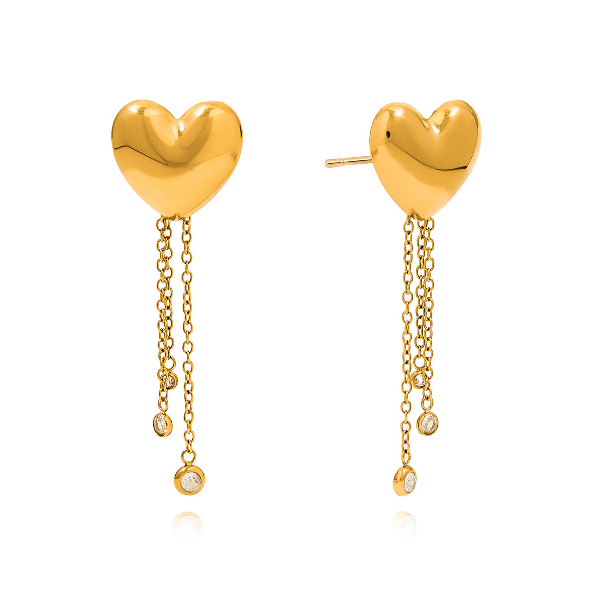 isolated stainless steel heart earrings with clear stone chain accents