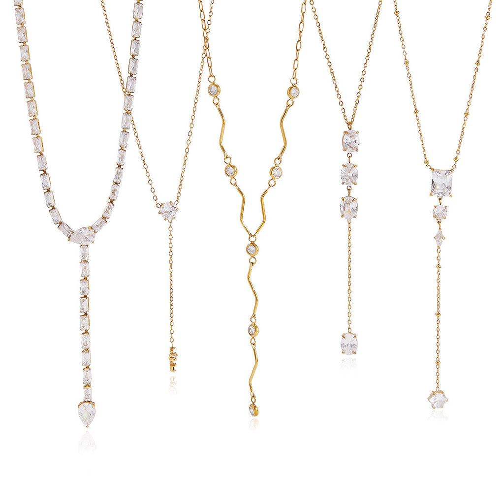 Gold-Tone Clear Stone Stainless Steel Y Necklace Collection — Y-drop close-up