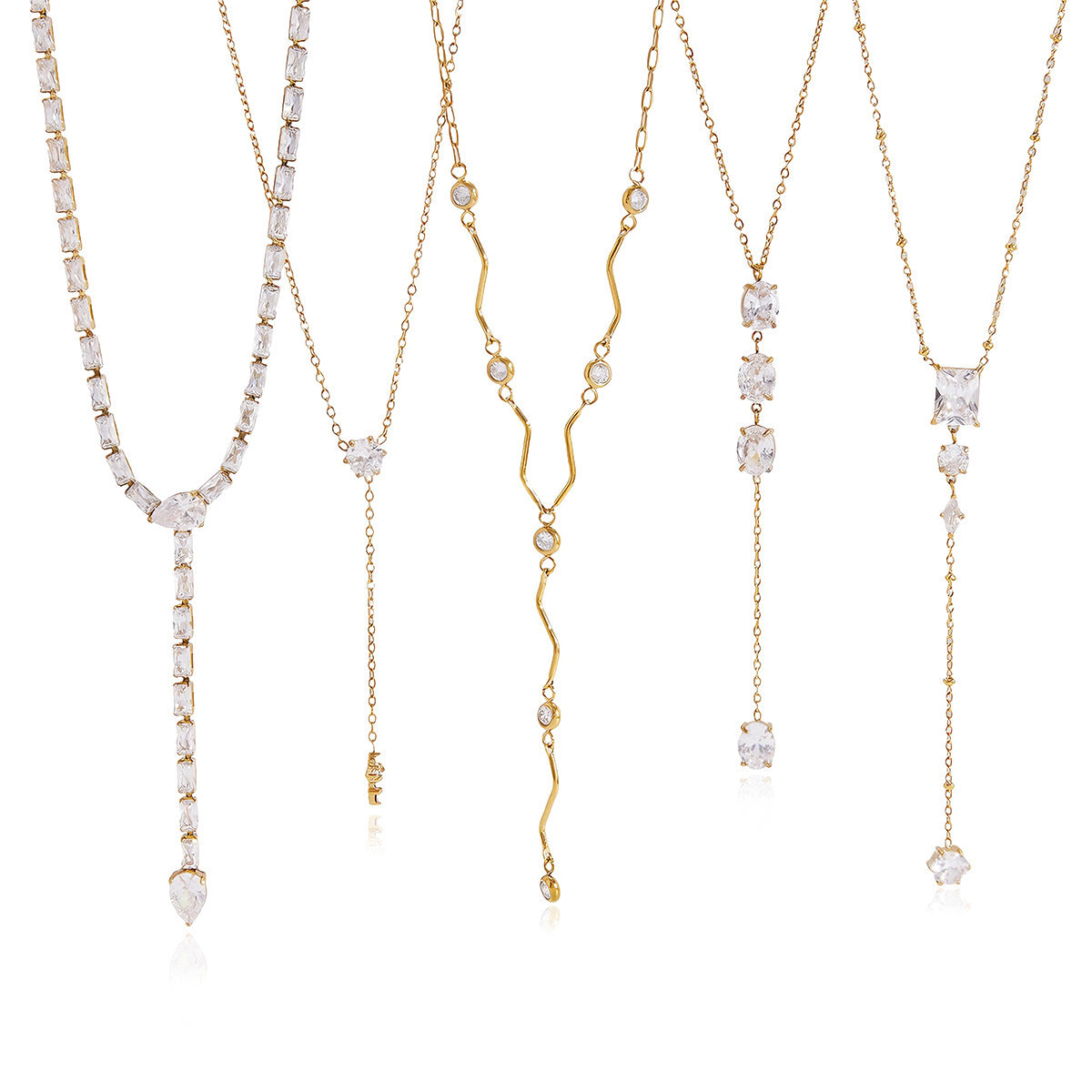 Gold-Tone Clear Stone Stainless Steel Y Necklace Collection — Y-drop close-up