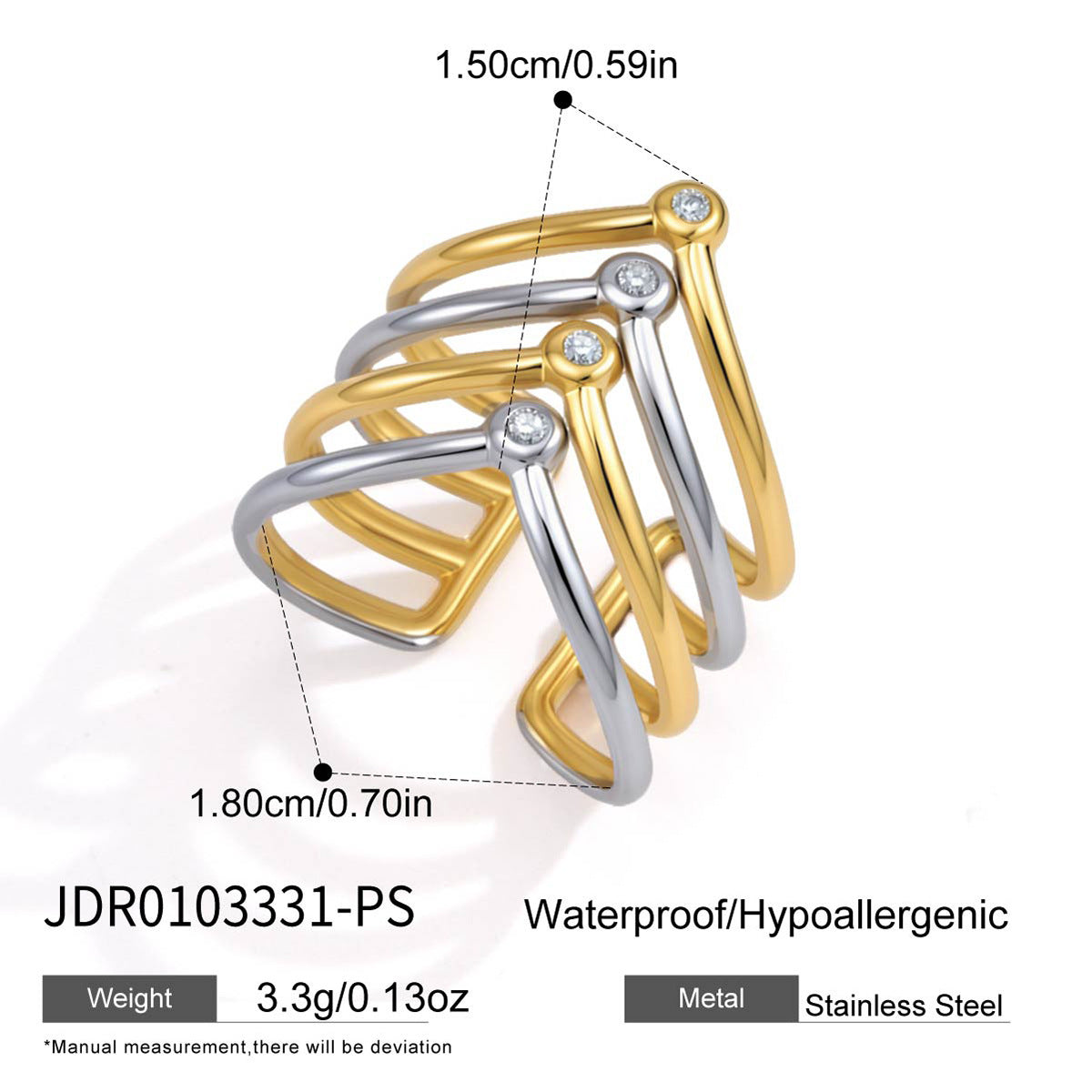 Two-tone stainless steel chevron ring measurement image