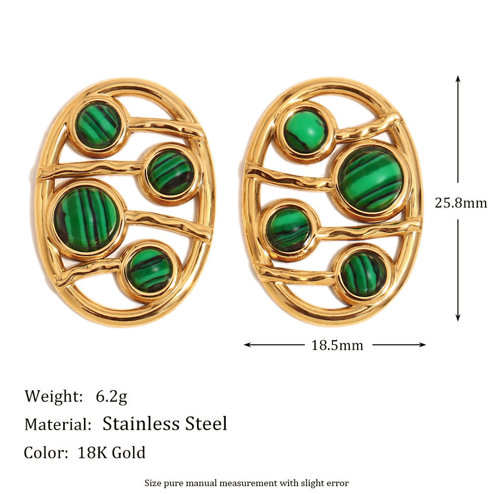 stainless steel malachite oval earrings with dimensions and weight