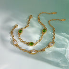 Three-station bracelets displayed on a pale green surface