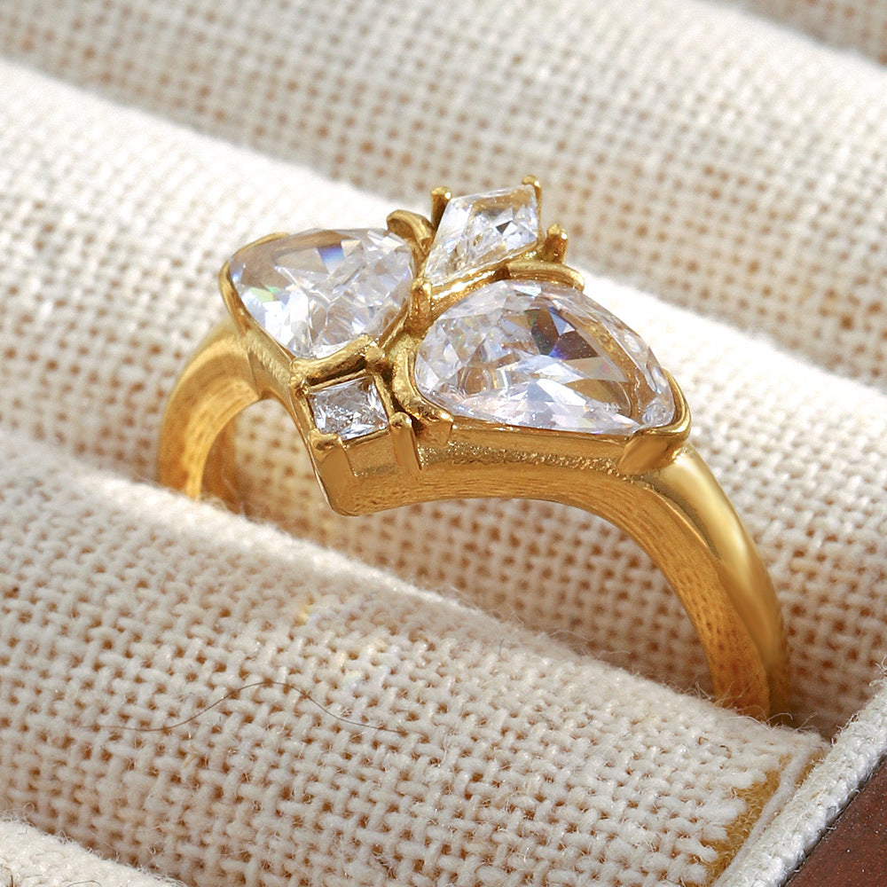 gold plated stainless steel butterfly ring with clustered clear stones