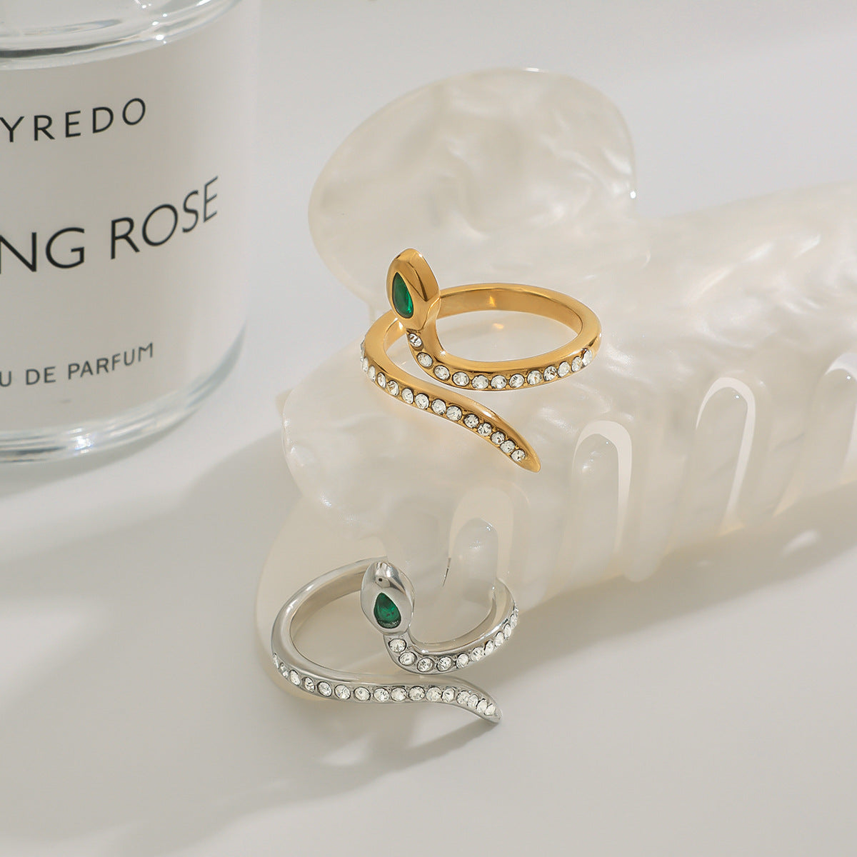 Wholesale Gold-Tone Stainless Steel Green Accent Open Ring Collection - side profile